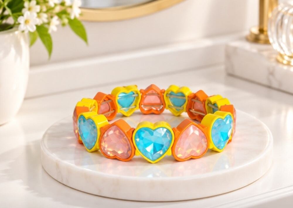 Heart Alloy Orange Yellow AB Stone Stretch Bracelet New